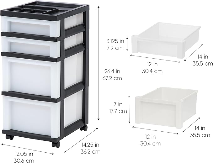 IRIS USA 4-Drawer Rolling Storage Cart with Organizer Top, Black/Pearl | Keep craft supplies, office essentials, classroom items, and accessories organized with easy-access drawers for daily use - Image 2
