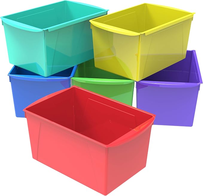 Storex Extra-Large Book Bin, Interlocking Plastic Organizer for Home, Office and Classroom, Assorted Colors, (71126E06C) (Pack of 6) by Storex