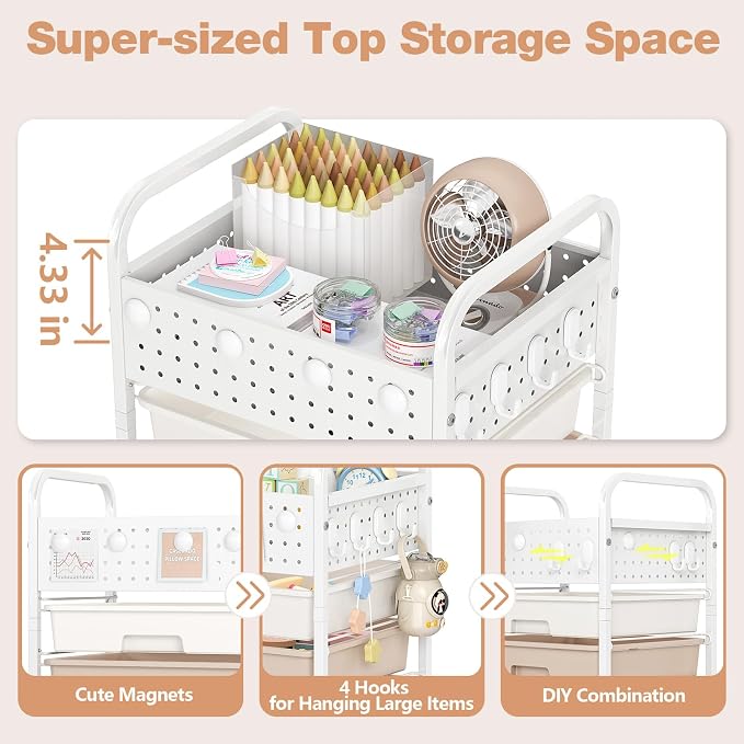 5 Drawer Rolling Storage Cart with Pegboard Top and Hooks, Brown | Mobile Organizer Cart with Wheels for Office Supplies, Craft Storage, Classroom Organization, Home Utility Cart - Image 2