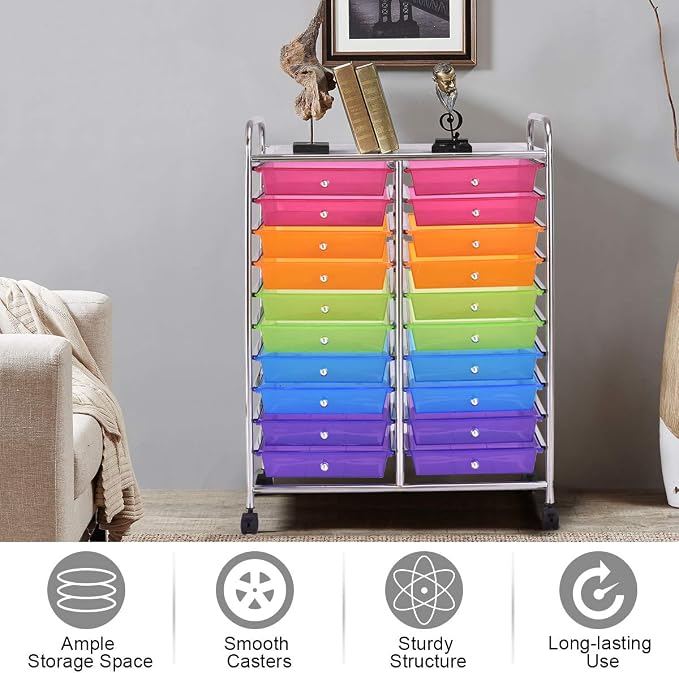 GOFLAME 20-Drawer Rolling Storage Cart, Multifunctional Art Craft Organizer Cart, Mobile Utility Storage Cart with Removable Drawers & Lockable Wheels, Craft Cart for Home Office, Rainbow - Image 3