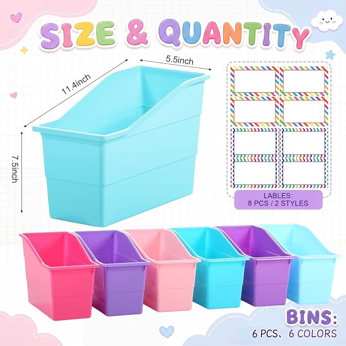 Blosssound 6 Set Book Bins for Classroom with Label Sticker Book Box Baskets Plastic Stackable Organizing Bins Storage & Organization for Classroom Library Home School Supplies (Purple Pastel) - Image 2