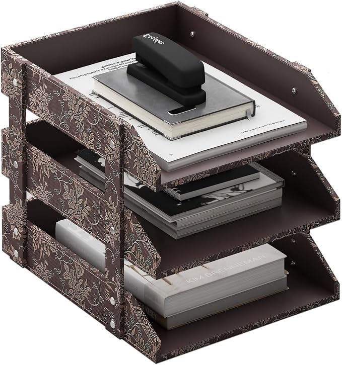 Leather Desk Organizer, Thipoten 3-Tier Stackable Letter Tray Holder for Office Supplies, Paper, File, Magazine, Perfect Office Organization for Desktop (Retro-3Tiers) by THIPOTEN