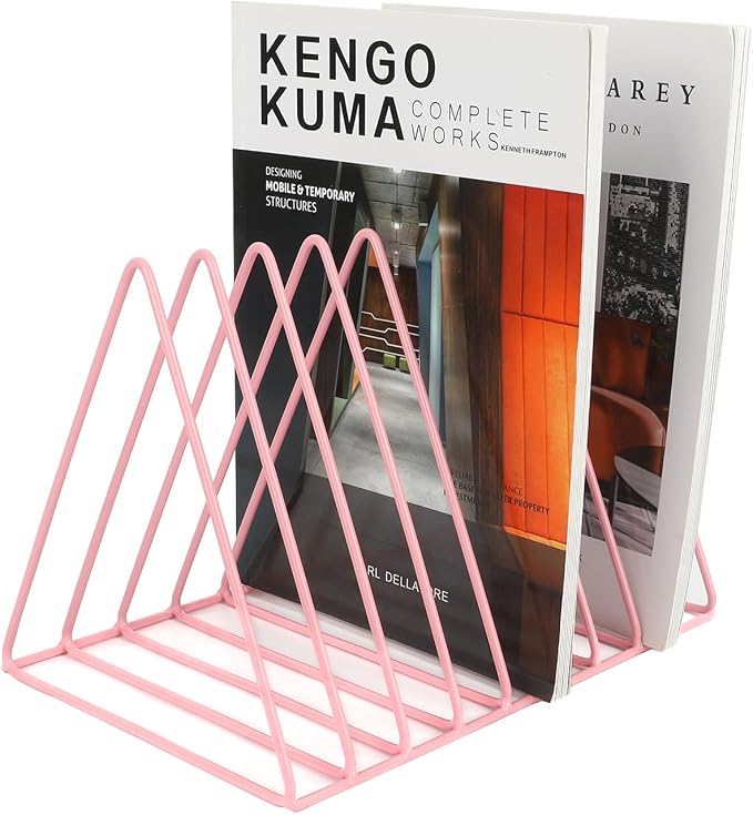 Vinyl Record Holder Storage, 9 Slot Metal Magazine Book Album Display Rack, Stylish Triangle Desktop File Sorter Organizer for Home Office, Pink Pack of 2 - Image 6