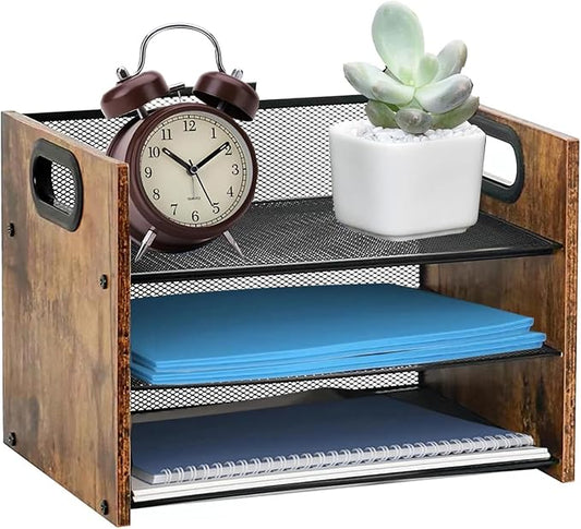 Desk Organizer - 3 Tier Wood & Metal Mesh Desktop Organizer for Office, Home, School, Workspace, Office Desk Organzier for Papers, Mail, Notebooks, Stationery by BOERSHUN