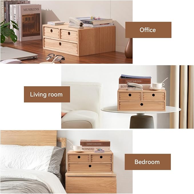 KIRIGEN Wood Desk Organizer with 3 Drawers, Desktop Storage, Natural 23-NA | Wooden Desktop Drawer Hold A4 Papers, Stationery, Jewelry, and Makeup, Fully Assembled for Home Office - Image 6