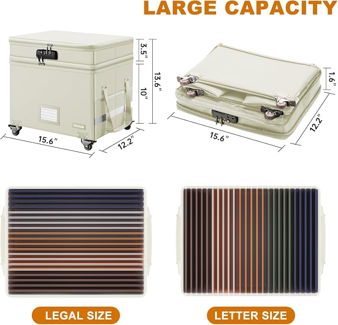 DocSafe Fireproof Document Box with Lock,2-Layer File Box with Wheels,Collapsible File Storage Organizer with Pockets,Large Portable Office Filing Cabinet for Hanging Folders,Beige,16''x13.8''x12.2'' - Image 6