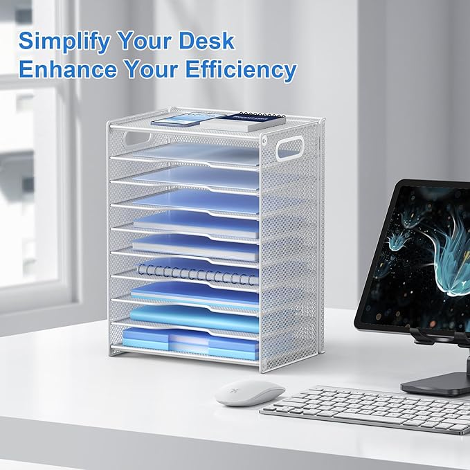 OUTWOLF 10 Tier Paper Organizer - Letter Tray Mesh Desk File Organizer with Handles for Office School Desktop, White - Image 2