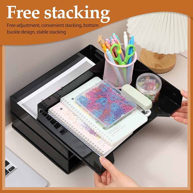 DoubleFill 6 Pcs Stackable Letter Tray Rectangular Plastic Desk Organizer 13 x 9.5 x 2.6 in Paper Holder File Tray Accessories Rack for Desktop Office Desk Drawers (Black) - Image 5