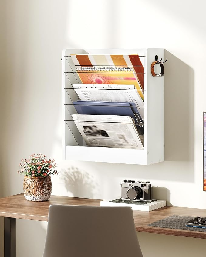 Wall File Holder, 6-Tier File Organizer, Office Supplies Storage Rack, Versatile Desktop Organizer, with Detachable Shelves, with Side Hooks, for Living Room, Study, Home Office, White MWJ02WB - Image 4