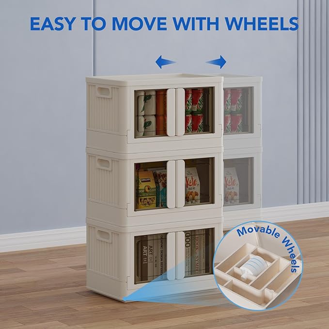 FLEXIMOUNTS 110 QT Stackable Plastic Storage Bins With Lids, Milky White | Collapsible Foldable Storage Bins with Front Doors and Built-in Wheels, Organizers and Storage for Home, Dorm, 3 Pack Cubes - Image 6