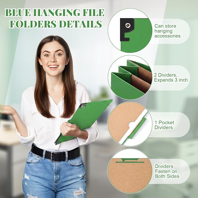 Henoyso 10 Pcs Hanging Classification Folders,2 Pocket Dividers,Green | Letter Size, Hanging File Folders with 2 Pockets, 3" Expansion, 6 Prong Fasteners, 1/3 Tab Cut, 6 Sections, Pressboard Manila - Image 3