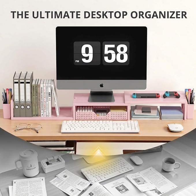 Desk Organizers and Accessories, Dual Monitor Stand Riser with Drawer and 2 Pen Holders, Desk Shelf Computer Racks for Office Workspace Organizers, Desktop Organization (Peach-pink) - Image 4