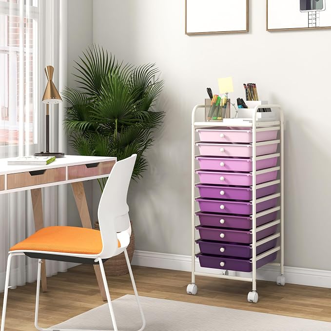 Giantex 10-Drawer Storage Cart w/Universal Wheel, Rolling Cart w/Handle, Home Organizer Storage Unit w/Removable Drawers, Trolley Utility Cart for Kitchen Makeup Living Room Office Play Room - Image 6