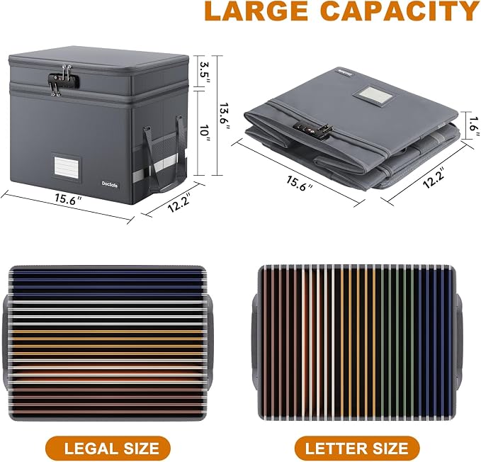 DocSafe File Box with Lock,Multi-Layer Fireproof Document Box Collapsible File Storage Organizer with Pockets/Handle,Large Portable Home Office Filing Box for Hanging Letter/Legal Size Folders,Gray - Image 5