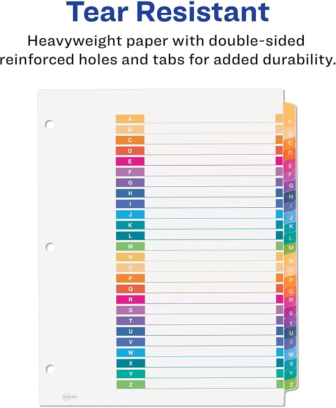 Avery A-Z Dividers for 3 Ring Binders, 26 Tabs per Set, Customizable Table of Contents, Multicolor Tabs, Great for Organizing Reports, Projects, and More (44225), 3 Sets (Pack of 4) - Image 5