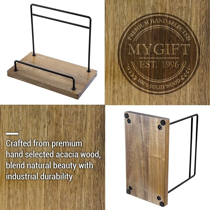 MyGift Acacia Wood Cookbook Stand, Black Metal Recipe Book Holder | Premium acacia wood and sturdy metal support recipes, tablets, or cutting boards while cooking, prepping, and baking - Image 2