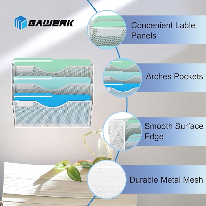 Gawerk 3 Tier Hanging Wall File Organizer, Mesh Mail Paper Orgnization Hanging File Folder Holder for Home Office, White - Image 3