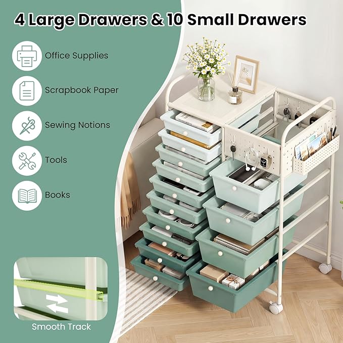GOFLAME 14-Drawer Rolling Storage Cart with Pegboard, Craft Storage Cart with Lockable Wheels and Metal Frame, Art Cart Supply Storage Organizer for Home Office Classroom, Green Gradient - Image 4