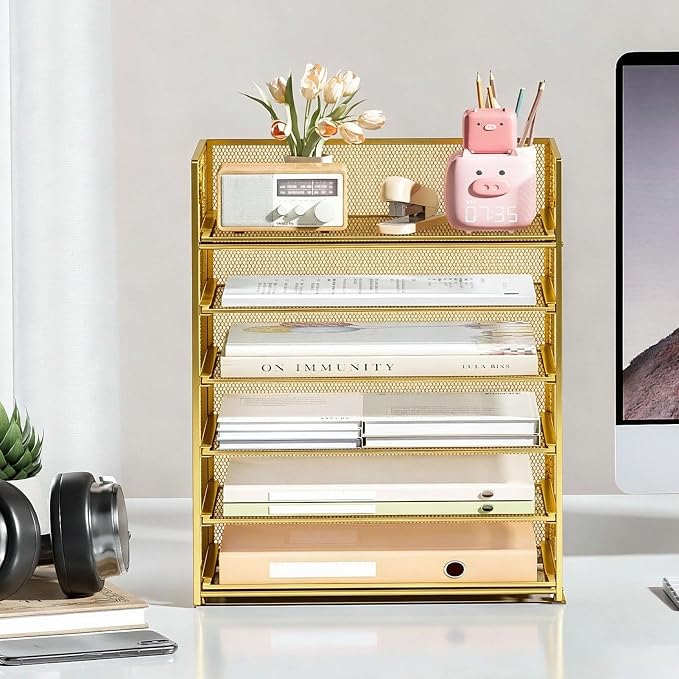 6 Trays Paper Organizer with Handle - Mesh Desk File/Letter Paper Sorter Organizer for Office, Home or School (Gold) - Image 4