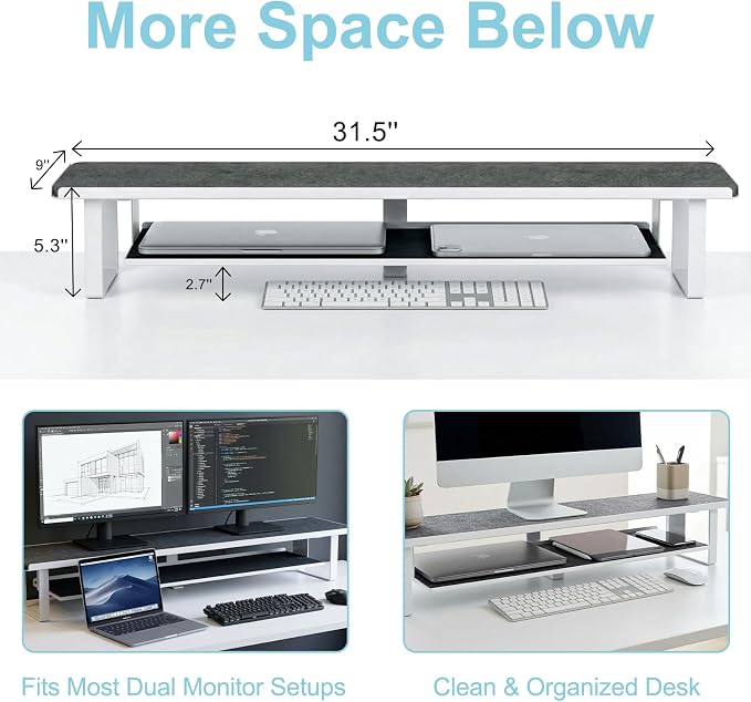 Dual Monitor Stand Riser, 31.5 Inch Extra Wide Thick Heavy Duty Carbon Steel 2 Tier Desktop Organizer with Pull Out Layered Shelf,for Home Office Gaming Curved Monitors - Image 5