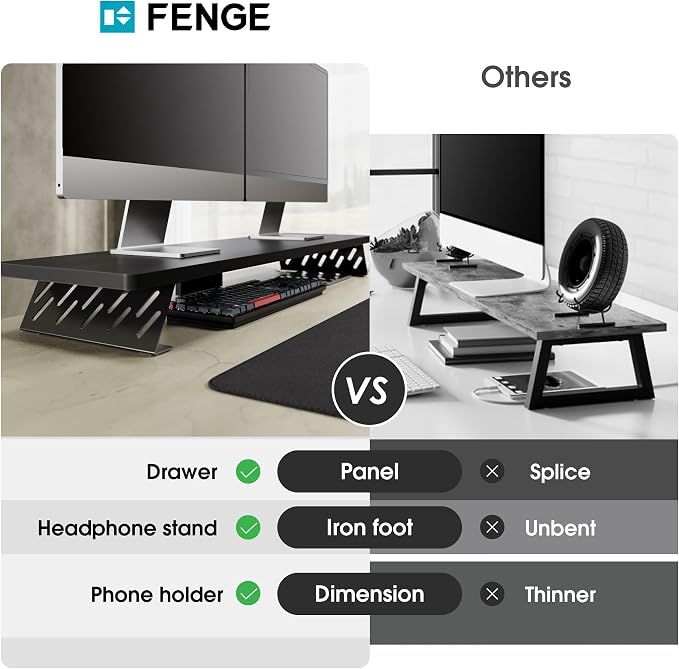 Fenge Monitor Stand Riser, Wooden & Metal Desk Shelf Organizer, Black | 42.5 Inch Dual Monitor Riser for 2 Monitors, Multifunctional Monitor Shelf for Laptop, PC, Printer - Image 3