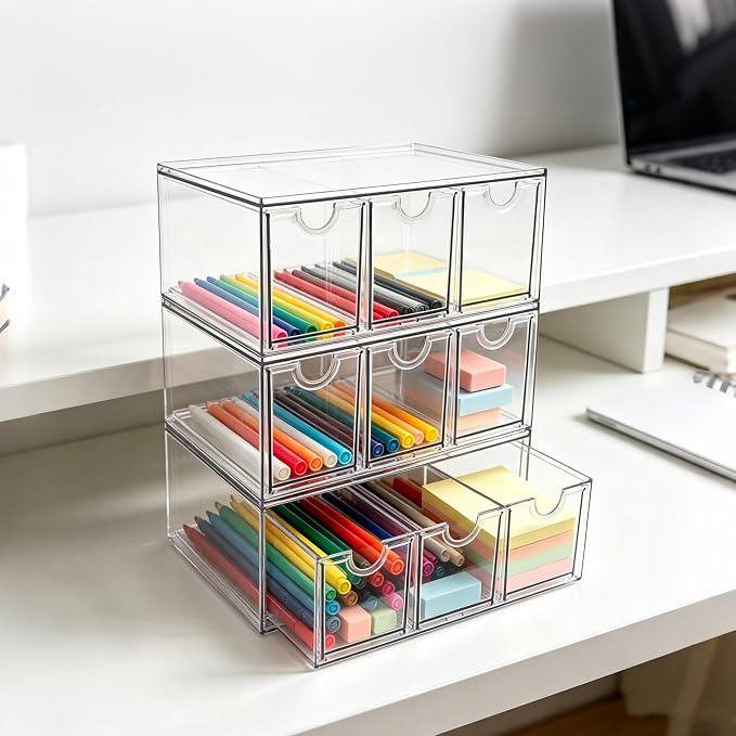 Prsildan Craft Art Supply Organizer Stackable Storage Drawer with 9 Drawers | Clear Acrylic, Tea Bag K Cup Organizer, for Kitchen Office Desk Vanity Makeup Organizer, 3 Pack - Image 2