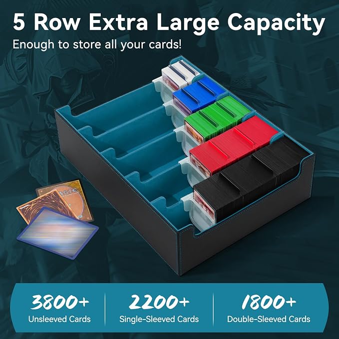 5 Row Trading Card Storage Box, 3800+Bulk Card Organizer Box with 20 Dividers & 5 Supporters, Graded Card Deck Box for YuGiOh, MTG, TCG with Double Lid Black/Cyan - Image 2