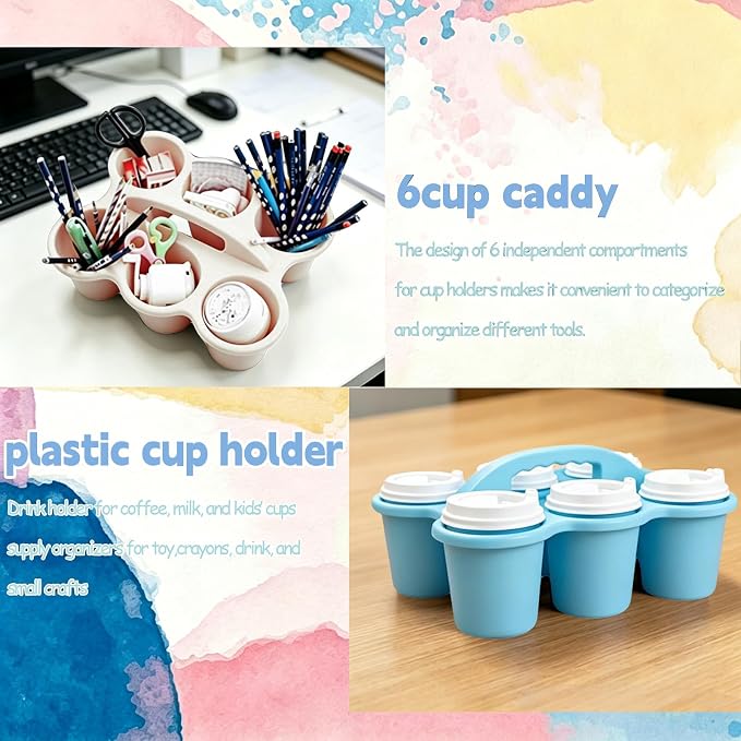 6 Pack Classroom Caddy Organizer with Handle Morandi Plastic Table Caddy 6 Compartments Storage Cup Holder for School Supplies Art Crafts Crayons Pencils Stackable Desk Daddy for Office - Image 4