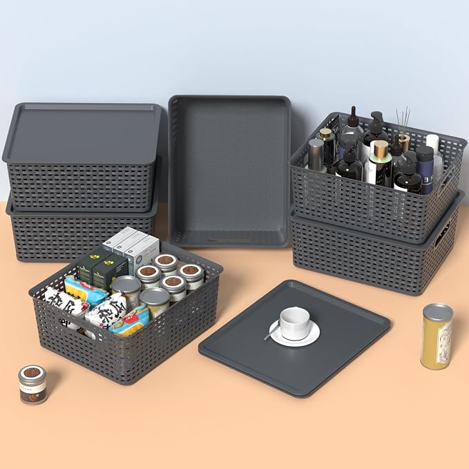 Zopnny Stackable Baskets with Lids, 6-Pack Storage Containers Bin | Plastic Shelf Organizer Bins, Baskets for Organizing Shelves Drawers Desktop Closet Playroom Classroom, Nested Stack, Grey - Image 3