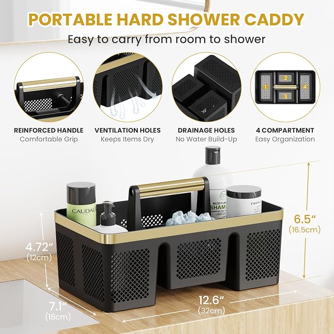BYUNER Portable Cleaning & Shower Caddy with Handle: Rigid Plastic Basket with 4 Divided Compartments, All-Side Drainage for College Dorm, Bathroom & Utility Use, Black/Gold - Image 8