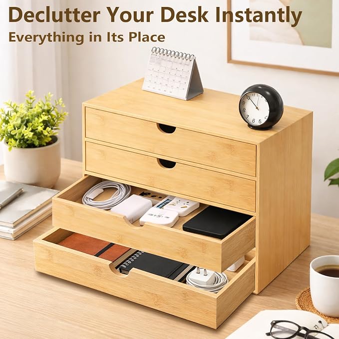 Neando Bamboo Desk Organizer with Drawers, 4-Tier Wooden Desk Organizer, Small Desktop Storage for Office Supplies, Makeup, Accessories, Space-Saving Organizer for Desk, Vanity & Home - Image 2