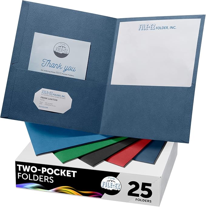 FILE-EZ Two-Pocket Folders, Assorted Colors, 25-Pack, Textured Paper, Letter Size (EZ-32500) by FILE-EZ