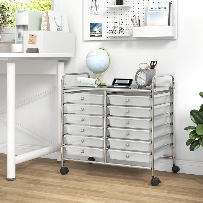 GOFLAME 12-Drawer Rolling Storage Cart, Multifunctional Art Craft Organizer Cart, Mobile Utility Storage Cart with Removable Drawers & Lockable Wheels, Craft Cart for Home Office School, Clear - Image 4