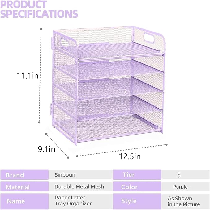Letter Tray Paper Organizer 5-Tier Desk Organizer File Organizer Paper Holder with Handle, Metal Desktop Document Shelf Tray Office Classroom Organization - Purple - Image 2