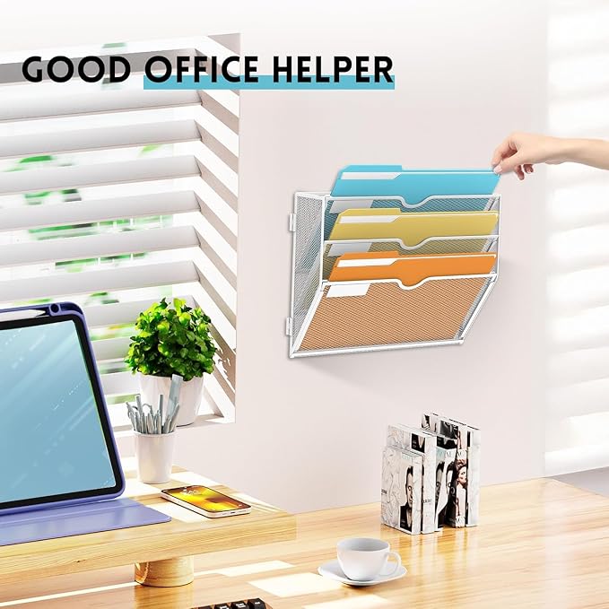 3-Tier Wall File Organizer, Hanging Wall Mounted Mail Organizer with Label Slots, Metal Mesh File Holder Magazine Rack for Office, Home, School or Classroom, White - Image 2
