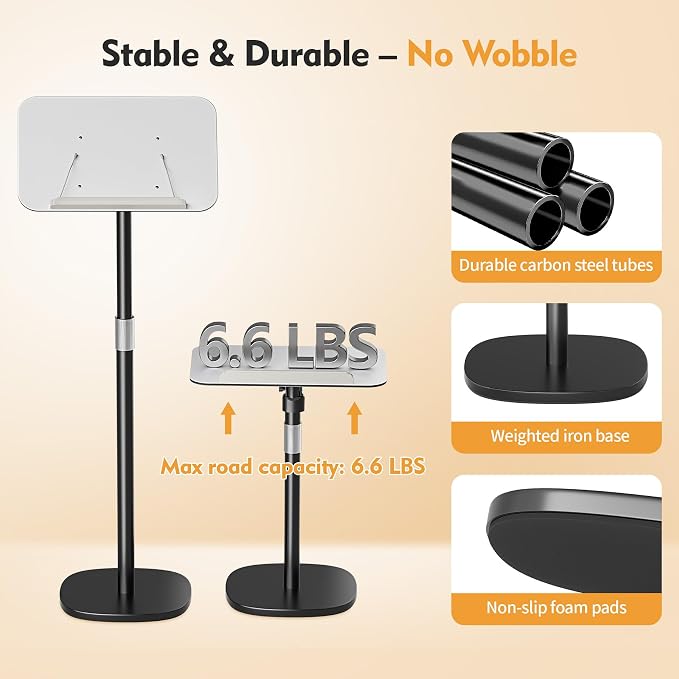 Floor Book Stand for Reading, Height Adjustable 26”-56”Music Stand | Reading Stand with Tilt Panel & Page Clips, Stable Weighted Base, Holds Books, Music Sheets & 15” Laptops - Image 3