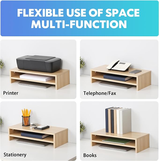 FITUEYES Wooden Monitor Stand Riser, 2-Tier Desk Storage Shelf, Oak | 21.3-Inch Desktop Organizer Fits Laptop, Computer Screen and Office Supplies - Image 5