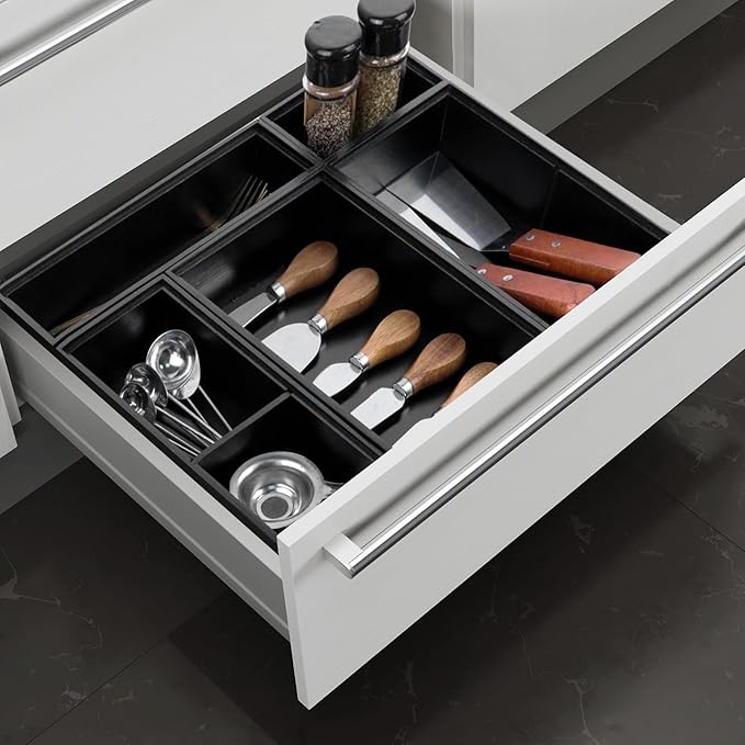 Bamboo Drawer Organizer,5 PCS Black Silverware Tray&Desk Organizers and Storage,Cabinet Divider With Removable Bathroom Organization for Kitchen,Utensils,Junk,Office,Makeup - Image 5