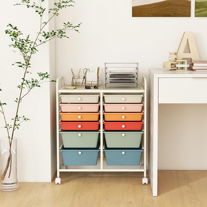 GOFLAME 12-Drawer Rolling Storage Cart, Multipurpose Organizer with 2 Sizes Plastic Drawers, Mobile Utility Cart with Lockable Casters for Home, Office, Beauty Salon, School, Macaron Color - Image 9