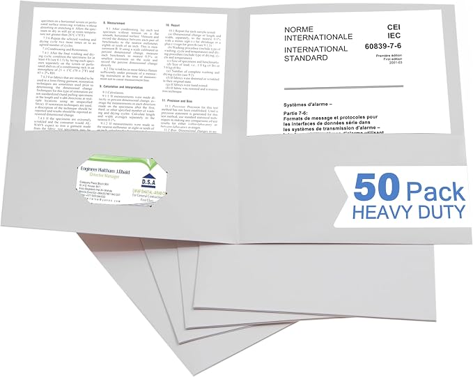 Zzrywuty 50 Packs White Two Pocket File Folders with Business Card Slot,Special Paper,Letter Size,Holds 100 Sheets for School,Office,Business by Zzrywuty