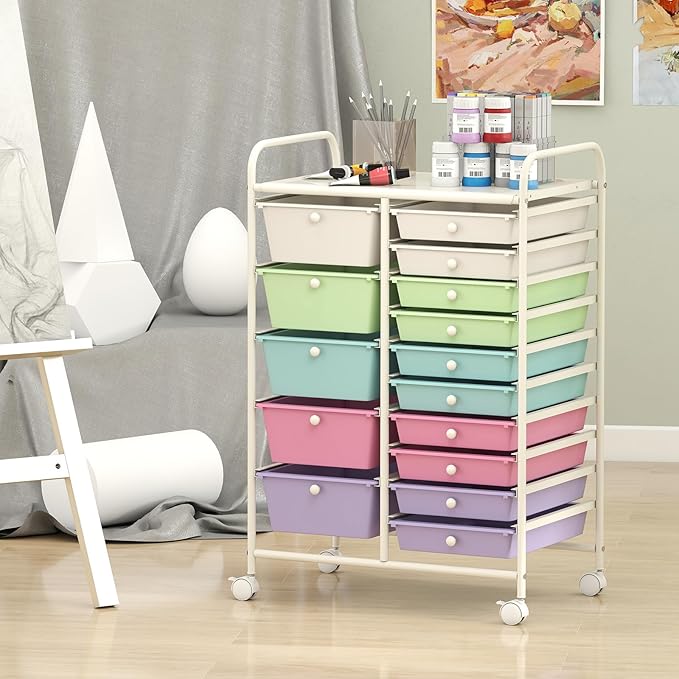 COSTWAY 15 Drawer Rolling Storage Cart, Mobile Storage Organizer | Removable Drawers & Metal Frame, Multipurpose Utility Tools Paper Organizer on Wheels for Home, Office (Ice Cream Colorful) - Image 2