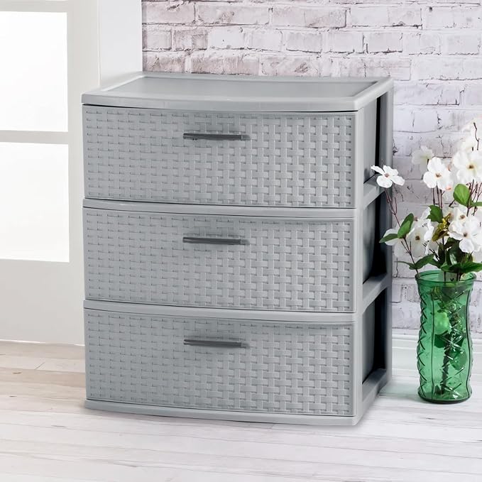 Sterilite 3 Pack 3 Drawer Wide Storage Tower, Weave Organizer, Cement | Lightweight Opaque Home Organization Container for Bedrooms, Closets, or Bathrooms - Image 4