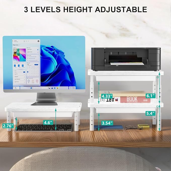 WALI Computer Monitor Stand with Storage, Monitor Riser 3 Height Adjustable | Laptop Riser with Airflow Vents, Desk Organizer for Computer, Printer, Notebook (PTT002-M), 1 Pack, Marble - Image 4