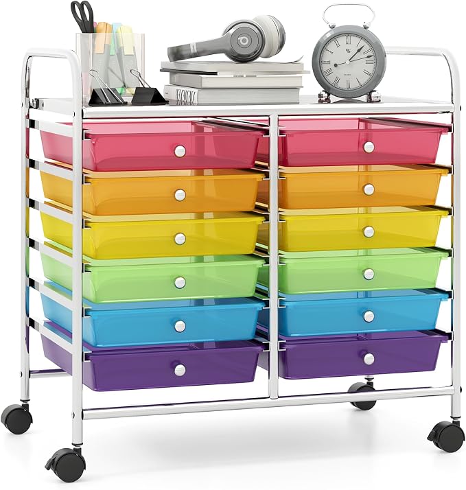 Giantex 12 Drawers Rolling Cart, Mobile Storage Drawer Cart, Classroom Organizer Cart for Office School Supplies Tools Scrapbook Paper Craft Small Printer, Utility Cart on Wheels, Rainbow by Giantex