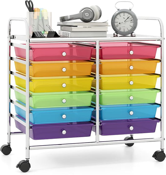 Giantex 12 Drawers Rolling Cart, Mobile Storage Drawer Cart, Classroom Organizer Cart for Office School Supplies Tools Scrapbook Paper Craft Small Printer, Utility Cart on Wheels, Rainbow by Giantex