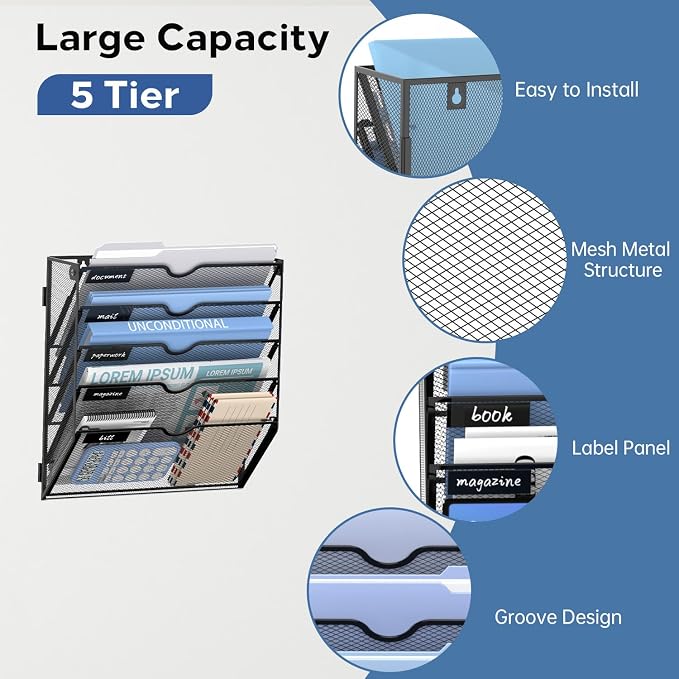 5-Tier Wall File Organizer and Hanging File Organizer, Black | Wall Organizer and Wall Mounted File Holder with 5 Pockets and Label Panels for Files, Mail, Folders, Magazines and Paper - Image 8