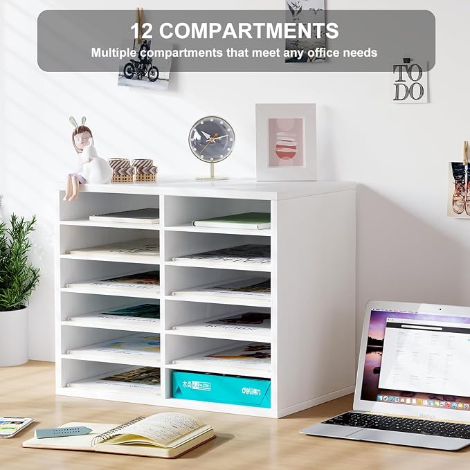 Countertop Mail Sorter Organizer, Wooden Literature Organizer, Student Mailbox for Classroom, Desktop Bill Organizer for Office Home School, 12 Compartments, White - Image 4