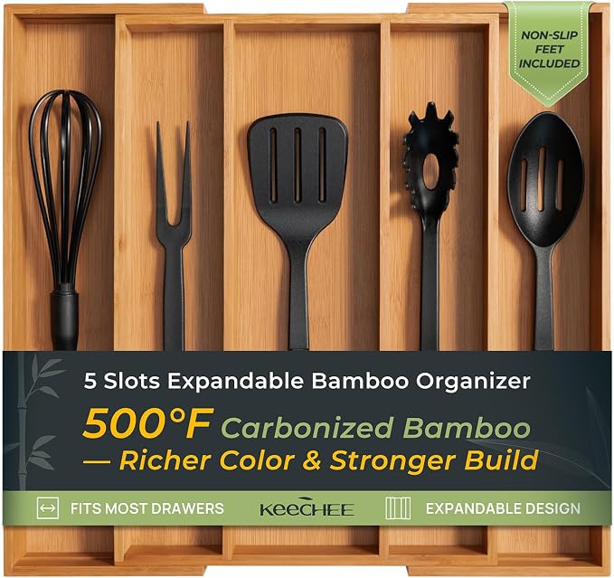 Carbonized Bamboo Kitchen Drawer Organizer, 5 Slots Expandable Silverware Organizer, Utensil Holder & Cutlery Tray, 2.2" Deep for Extra Capacity, Non-Slip Feet Included. by Keechee