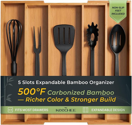 Carbonized Bamboo Kitchen Drawer Organizer, 5 Slots Expandable Silverware Organizer, Utensil Holder & Cutlery Tray, 2.2" Deep for Extra Capacity, Non-Slip Feet Included. by Keechee
