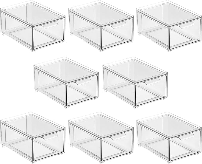 mDesign Plastic Bathroom Organizer Bin w/Pull Out Drawer - Slim Stackable Storage Container for Bathroom Accessories - Perfect for Organizing Bathroom Cabinet - Lumiere Collection - 8 Pack - Clear - Image 9